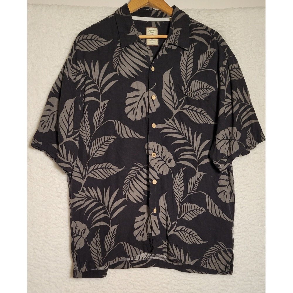 Jamaica Jaxx Shirt XL 100%‎ Silk Short Sleeve Button Black Floral 0659